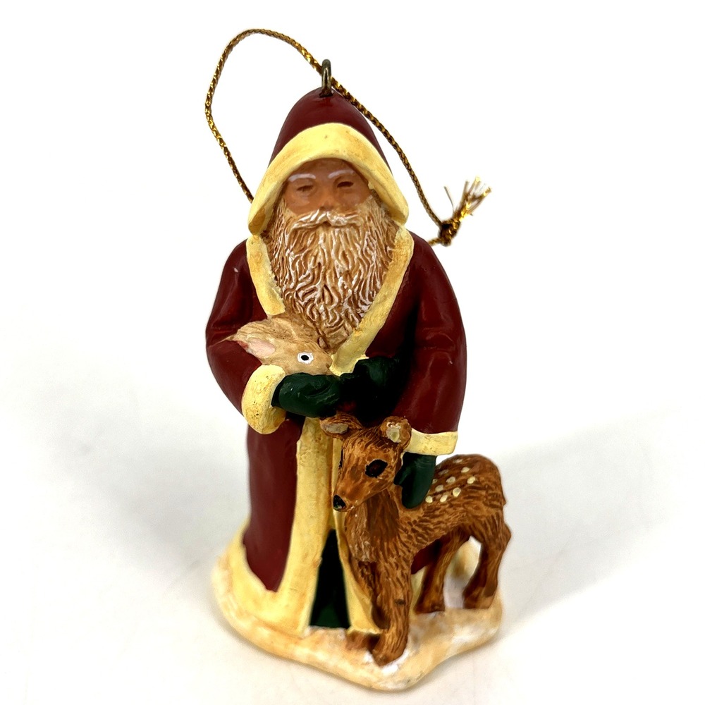 Vintage Santa Claus Holding Bunny & Deer Ornament Figurine 3.5" AGC Old World